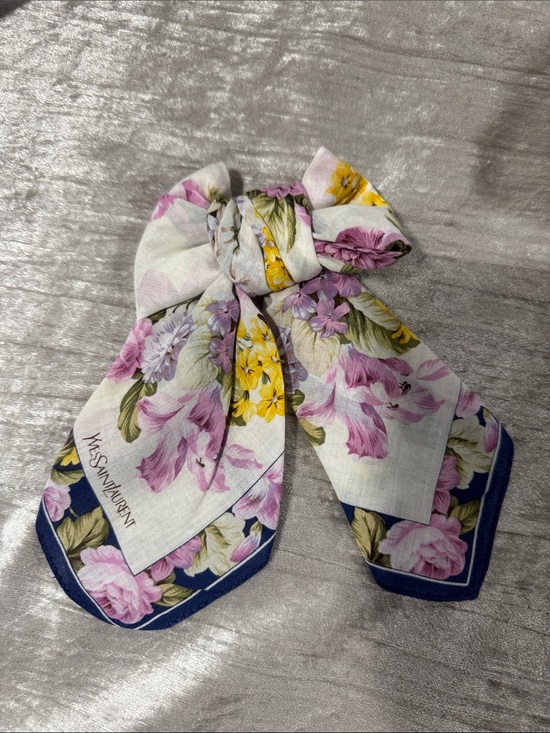 Yves Saint Laurent Accessories - Yves Saint Laurent Floral Silk Hair Bow - White, Pink & Yellow with Navy Trim